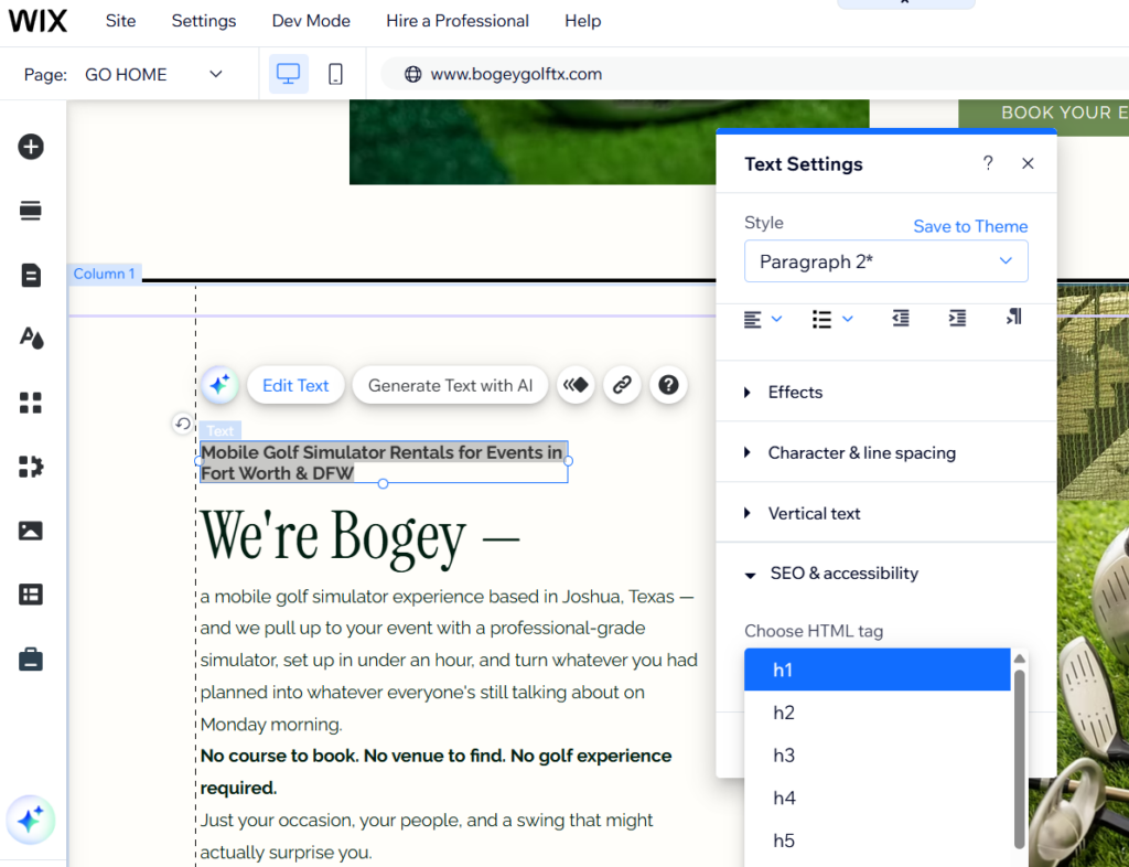 Assigning this subtitle as the H1 in WIX website editor