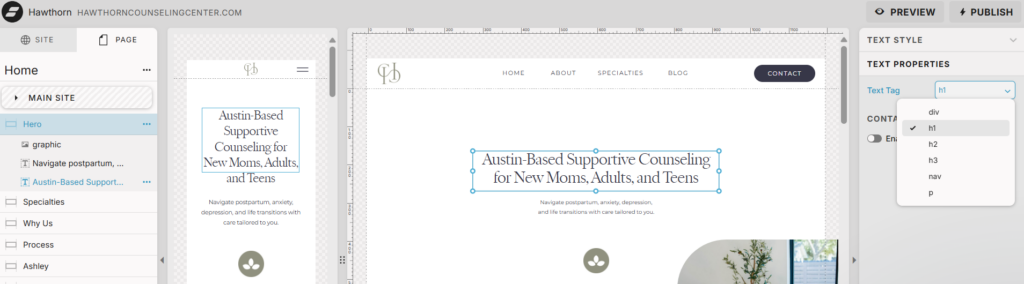 Assigning this main heading to be the H1 in Showit website editor